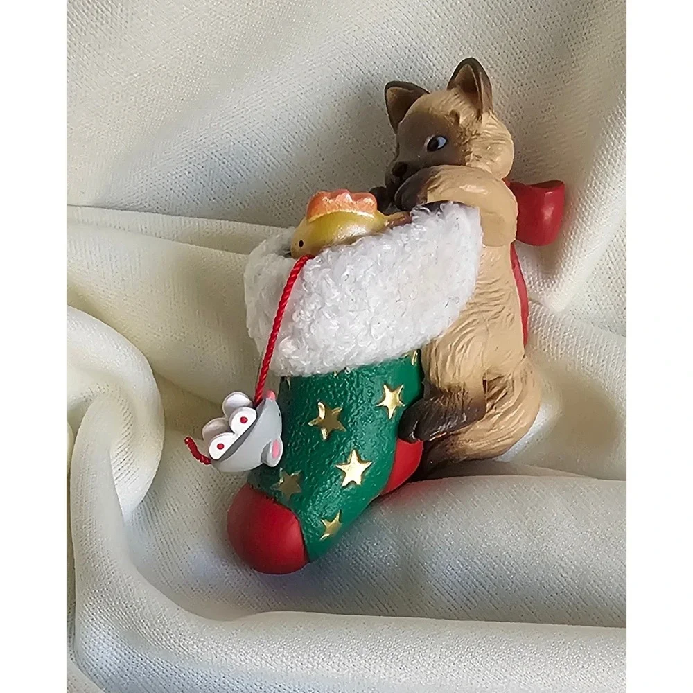 Siamese Cat in Christmas Stocking Ornament with Mouse Toy Holiday Decor